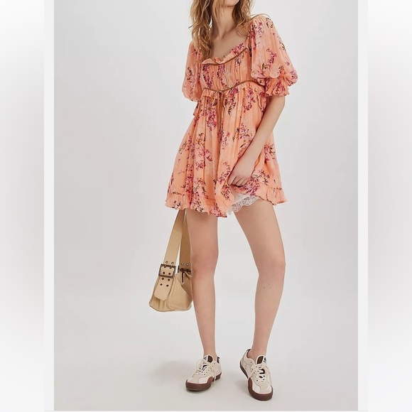 NWOT Free People Marney Mini Dress Floral Printed Puff Sleeve Ribbon Ruffle S - Picture 4 of 8